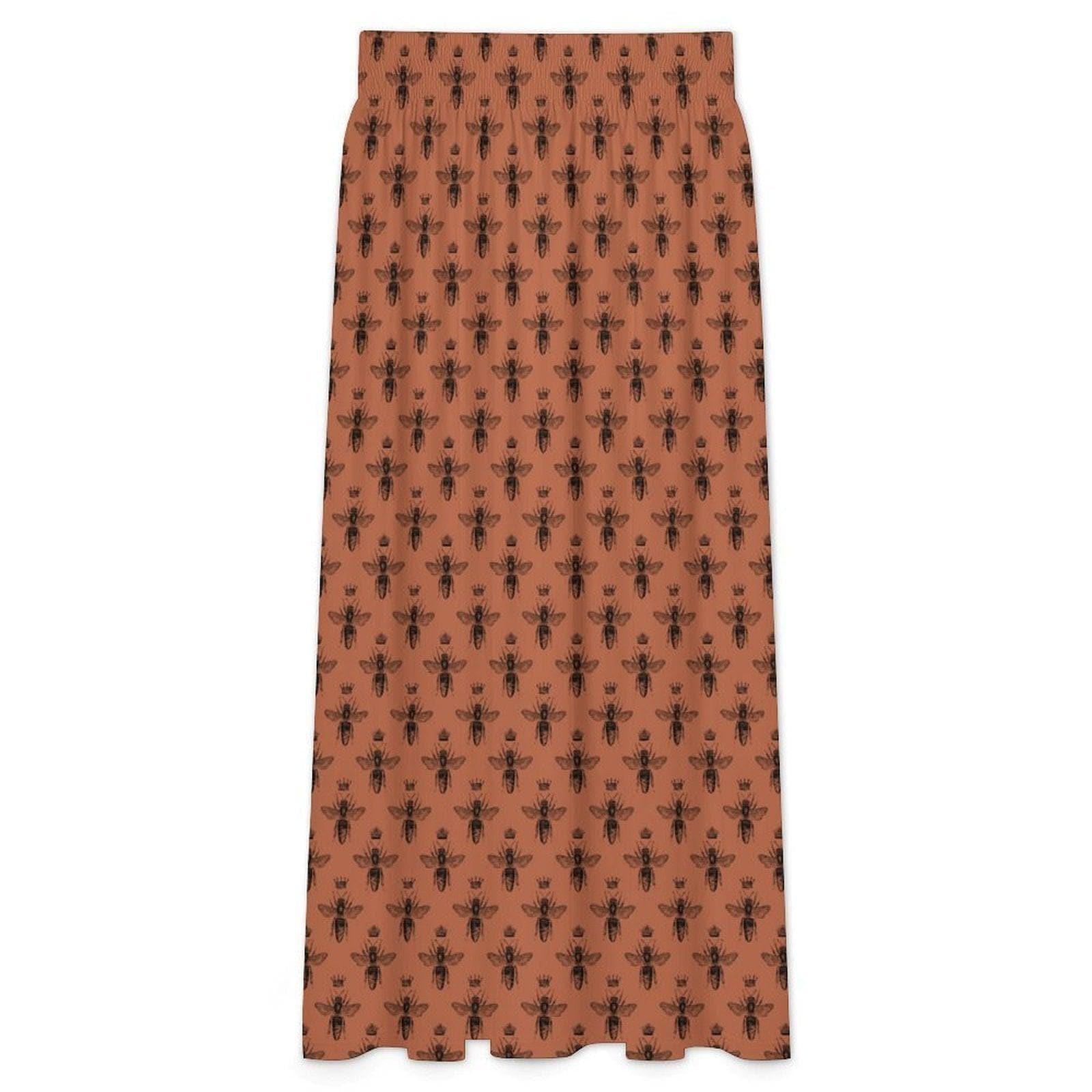 Rust Bee Print Maxi Skirt, Botanical Insect Pattern, Cottagecore Flowy High Waist Summer Skirt