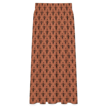 Rust Bee Print Maxi Skirt, Botanical Insect Pattern, Cottagecore Flowy High Waist Summer Skirt