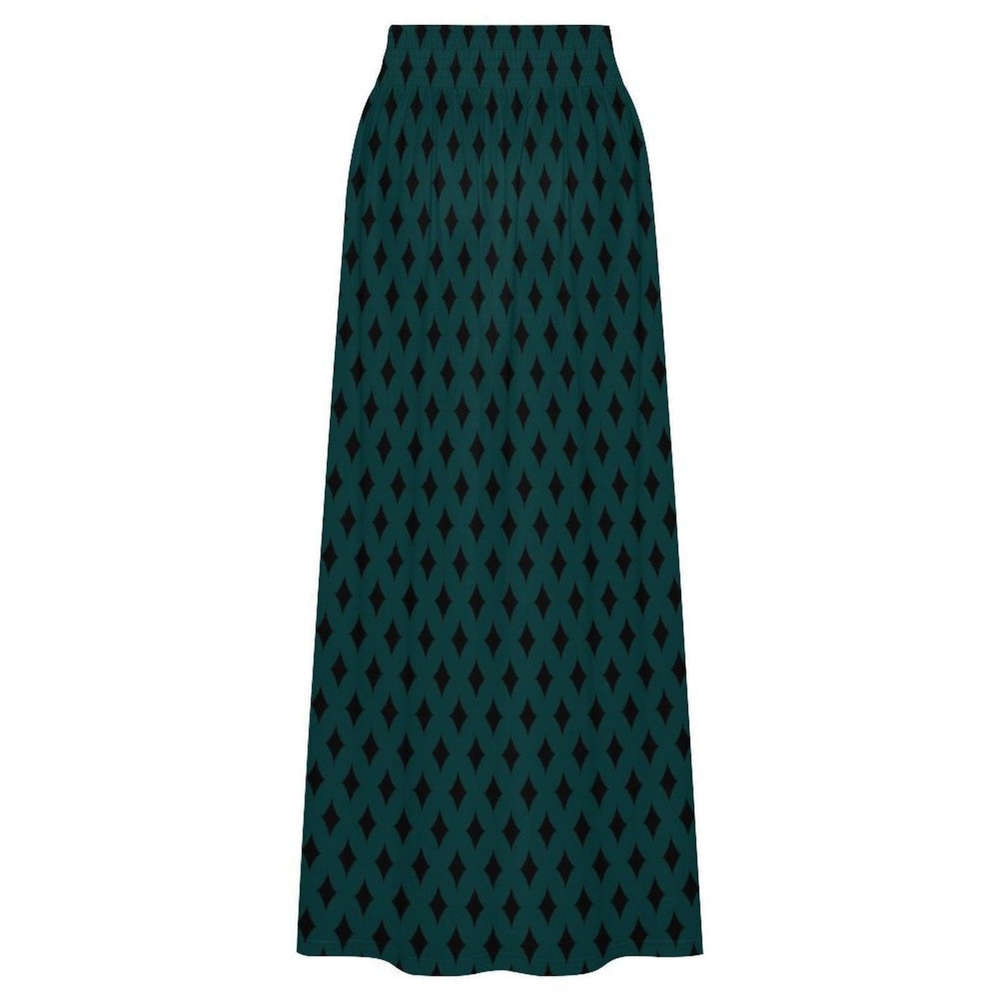 Teal Geometric Maxi Skirt, Black Diamond Print, Boho Statement, High Waist Flowy Vacation Styling
