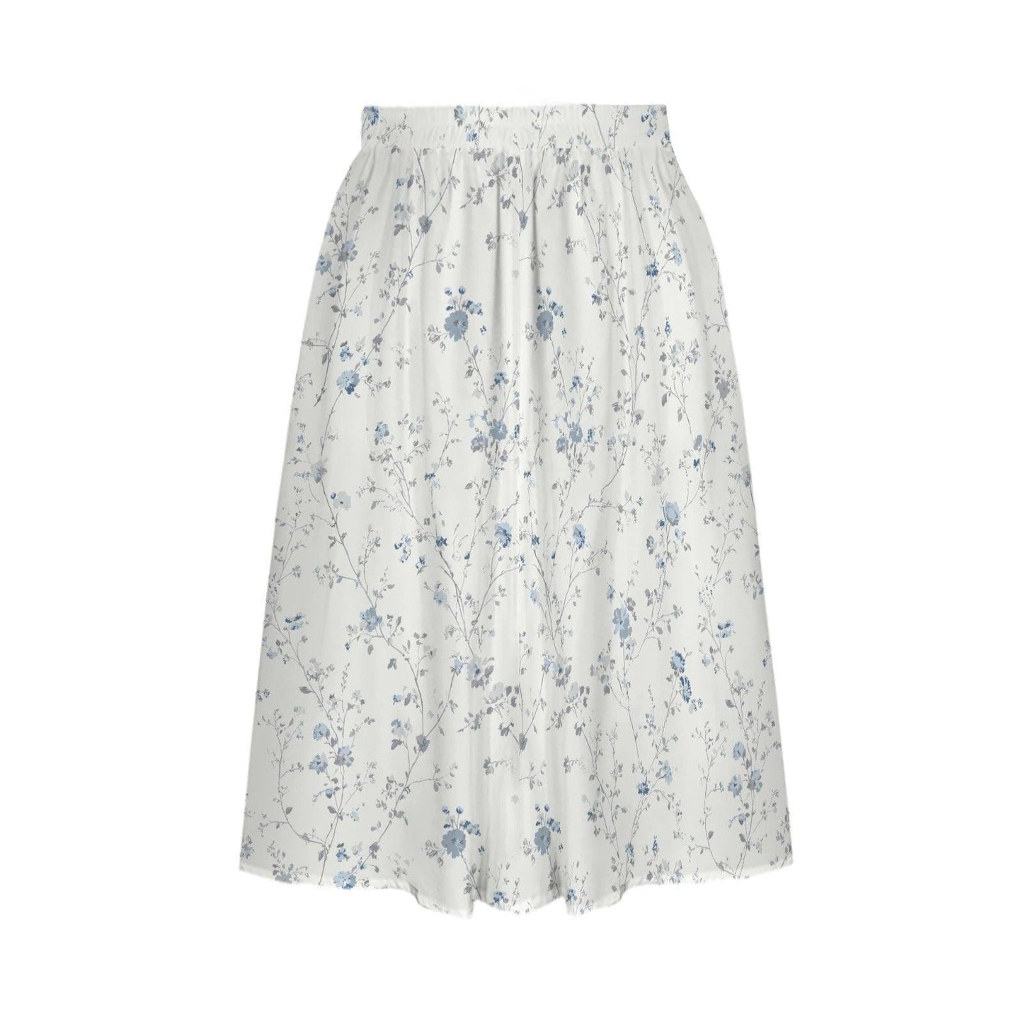 Blue Wildflower Midi Skirt, White Cottage Garden A-Line, High Waist with Pockets