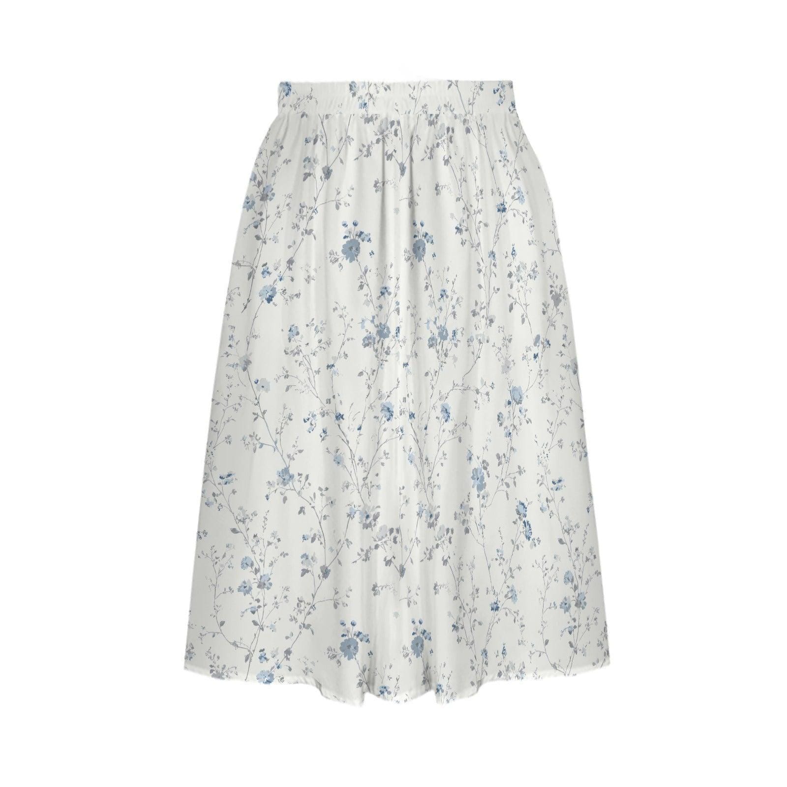 Blue Wildflower Midi Skirt, White Cottage Garden A-Line, High Waist with Pockets