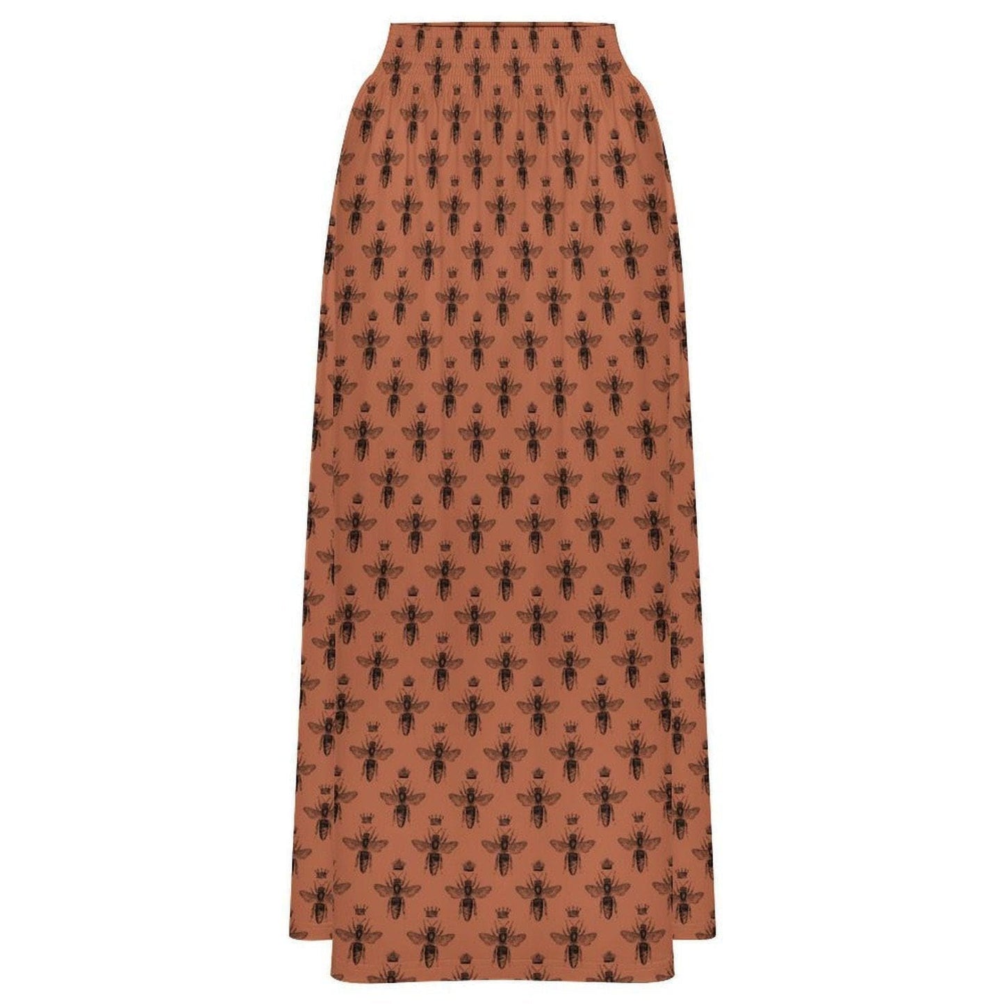 Rust Bee Print Maxi Skirt, Botanical Insect Pattern, Cottagecore Flowy High Waist Summer Skirt