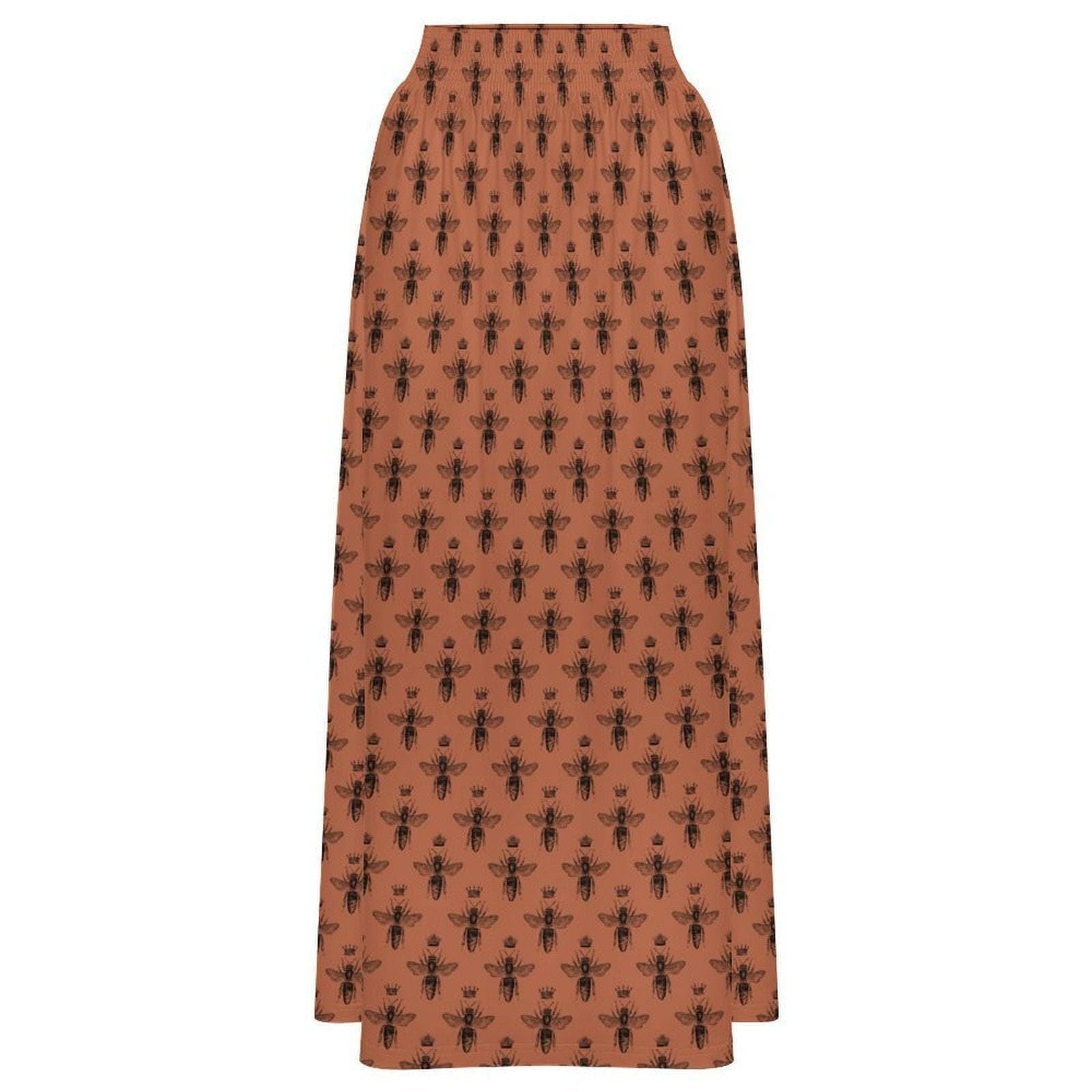 Rust Bee Print Maxi Skirt, Botanical Insect Pattern, Cottagecore Flowy High Waist Summer Skirt