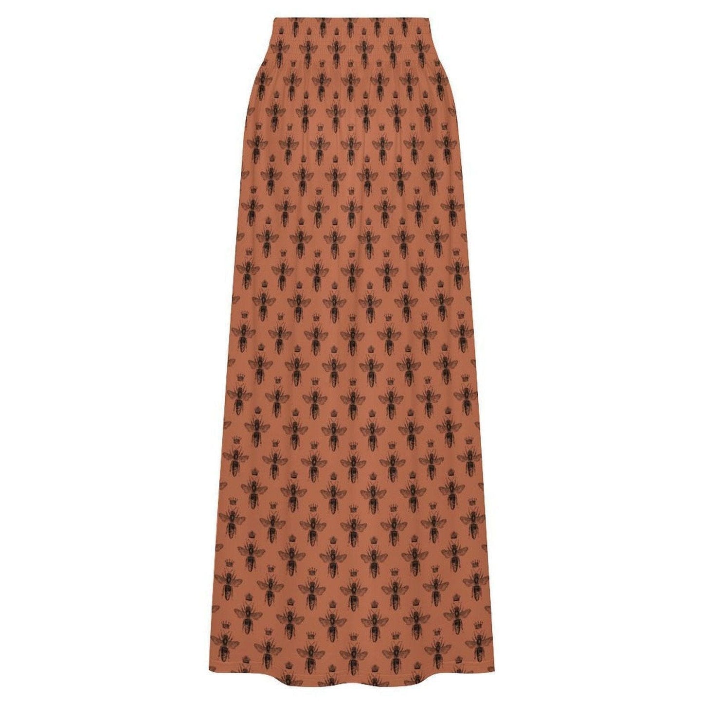 Rust Bee Print Maxi Skirt, Botanical Insect Pattern, Cottagecore Flowy High Waist Summer Skirt