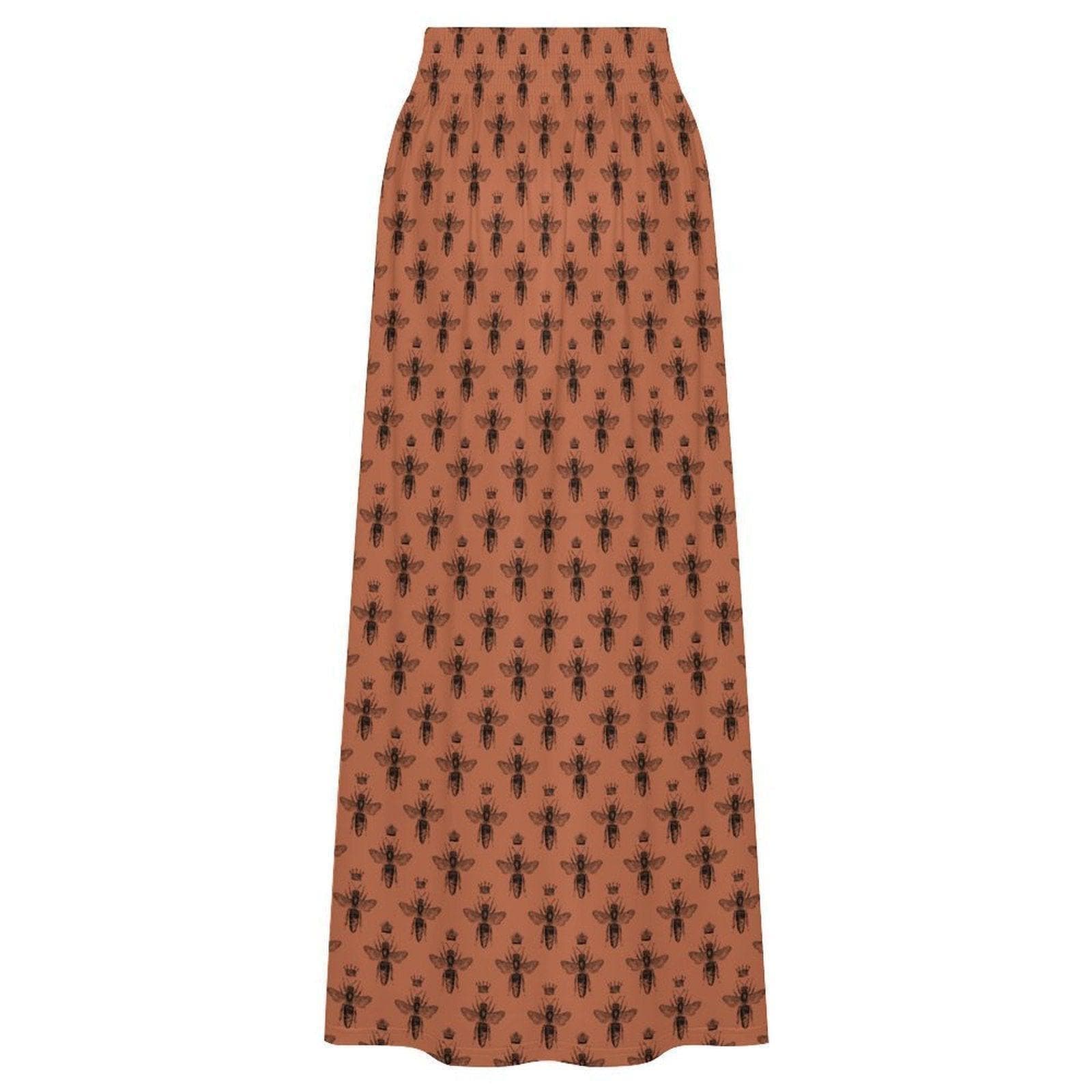 Rust Bee Print Maxi Skirt, Botanical Insect Pattern, Cottagecore Flowy High Waist Summer Skirt