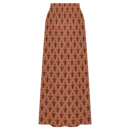 Rust Bee Print Maxi Skirt, Botanical Insect Pattern, Cottagecore Flowy High Waist Summer Skirt