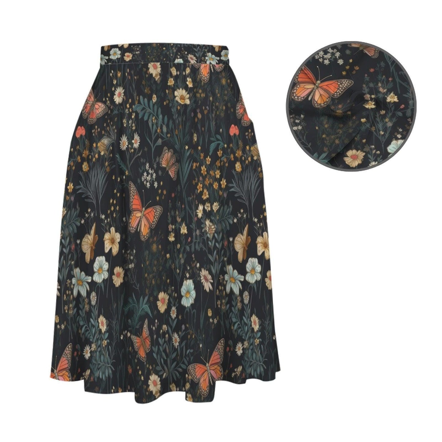 Dark Floral Butterfly Midi Skirt, High Waist Wildflower Print, Cottagecore Garden Party