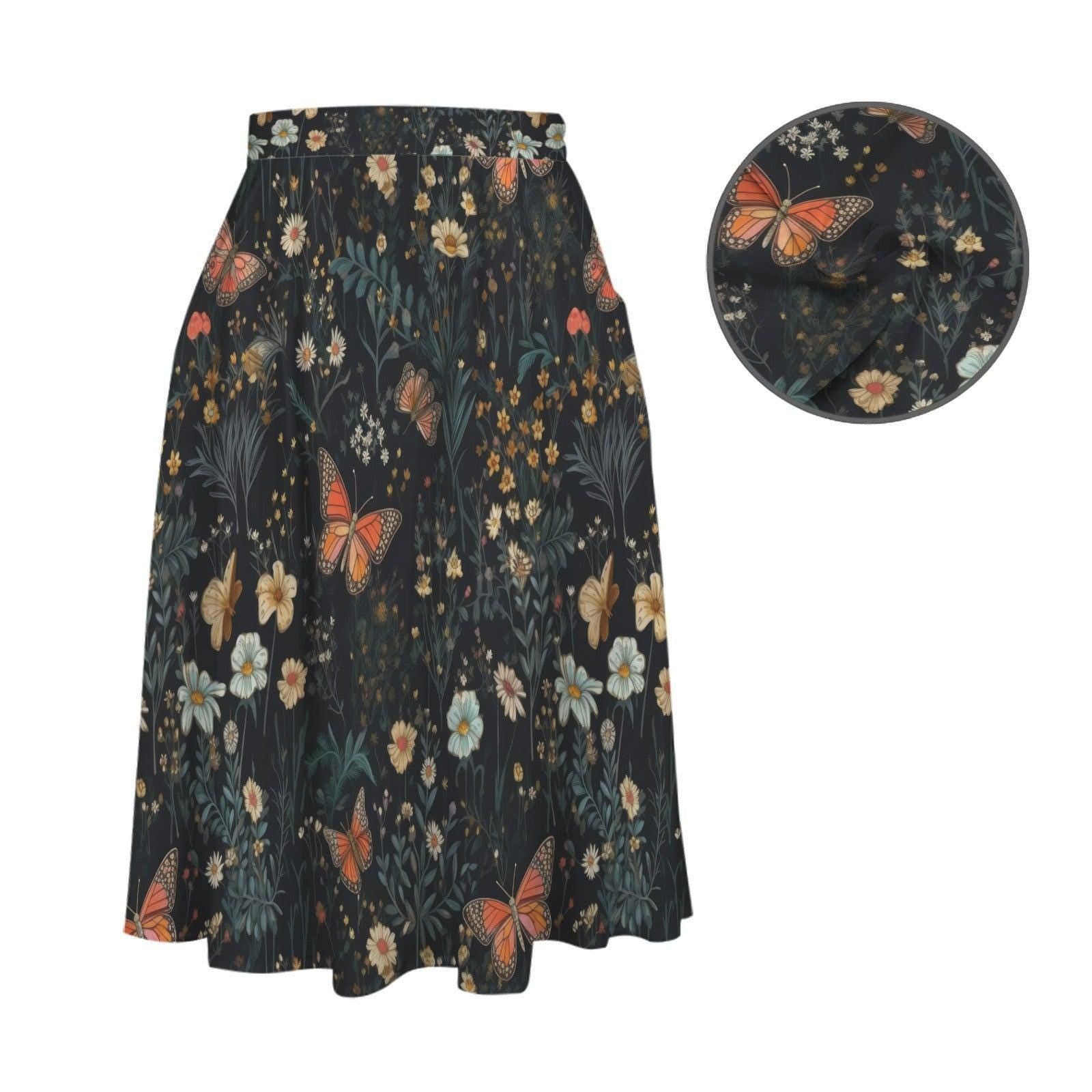 Dark Floral Butterfly Midi Skirt, High Waist Wildflower Print, Cottagecore Garden Party