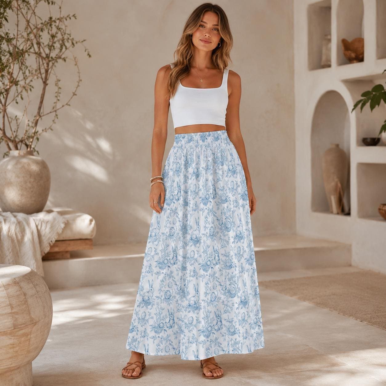Blue Toile Rabbit Maxi Skirt, Vintage Style Cottagecore Spring Easter Outfit