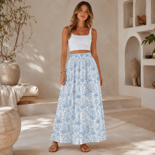 Blue Toile Rabbit Maxi Skirt, Vintage Style Cottagecore Spring Easter Outfit