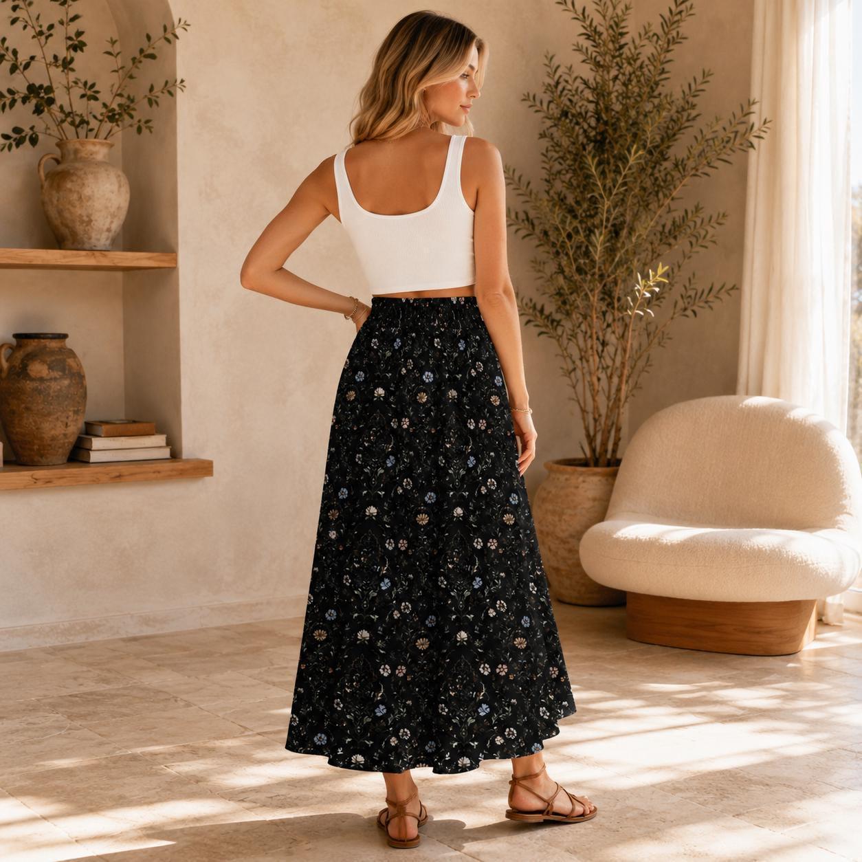 Gothic Floral Maxi Skirt, Moody Garden Print, Dark Cottagecore A-Line