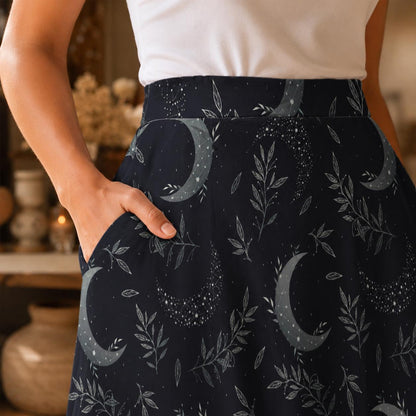 Celestial Moon Midi Skirt, Dark Botanical Print, High Waist A-Line, Witchy Style