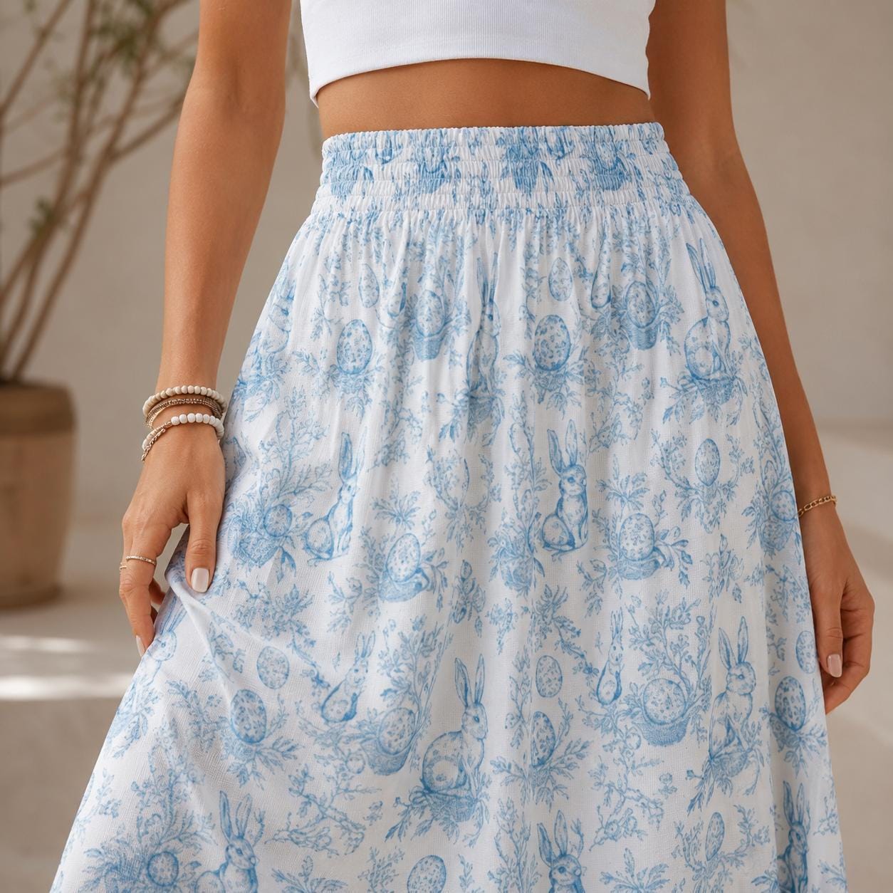 Blue Toile Rabbit Maxi Skirt, Vintage Style Cottagecore Spring Easter Outfit