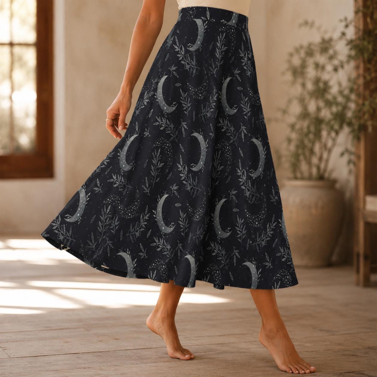 Celestial Moon Midi Skirt, Dark Botanical Print, High Waist A-Line, Witchy Style