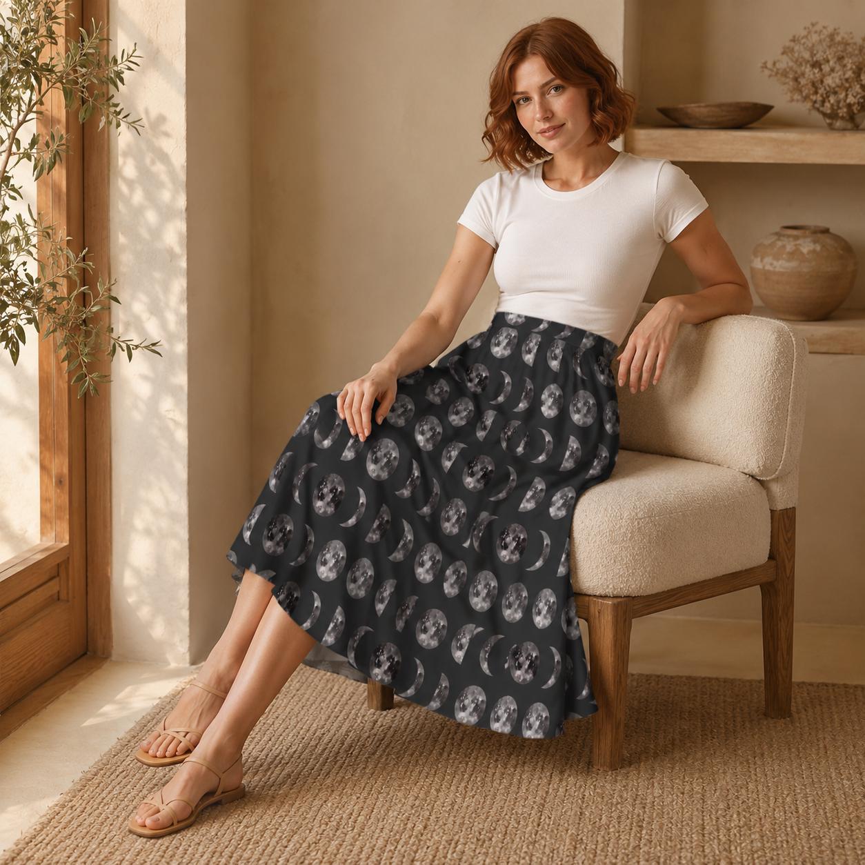 Moon Phase Midi Skirt, Lunar Print, High Waist A-Line with Pockets