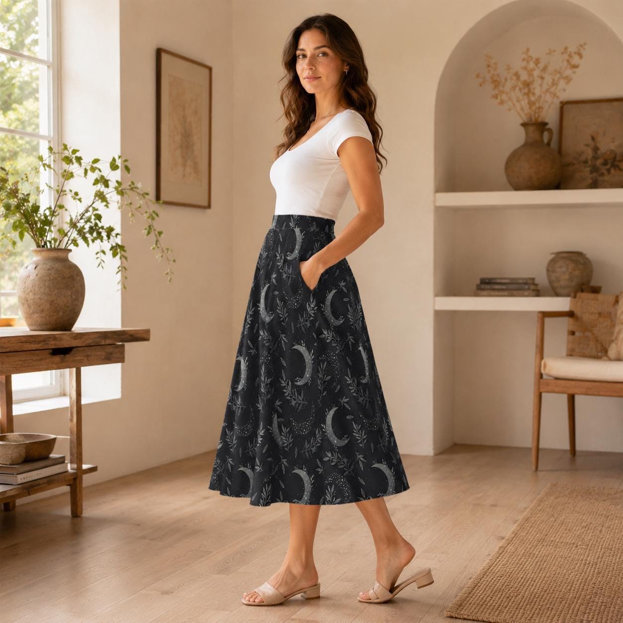 Celestial Moon Midi Skirt, Dark Botanical Print, High Waist A-Line, Witchy Style