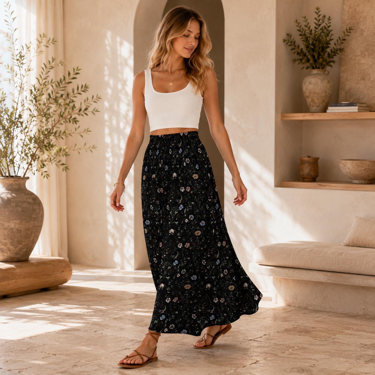 Gothic Floral Maxi Skirt, Moody Garden Print, Dark Cottagecore A-Line