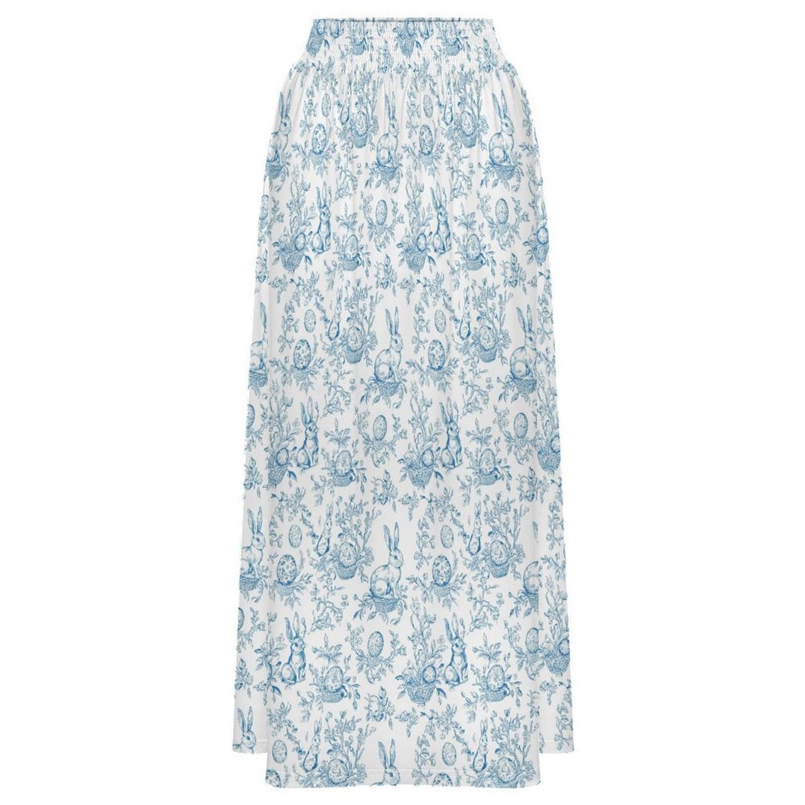 Blue Toile Rabbit Maxi Skirt, Vintage Style Cottagecore Spring Easter Outfit