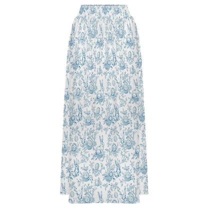 Blue Toile Rabbit Maxi Skirt, Vintage Style Cottagecore Spring Easter Outfit