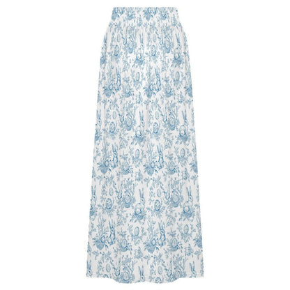 Blue Toile Rabbit Maxi Skirt, Vintage Style Cottagecore Spring Easter Outfit
