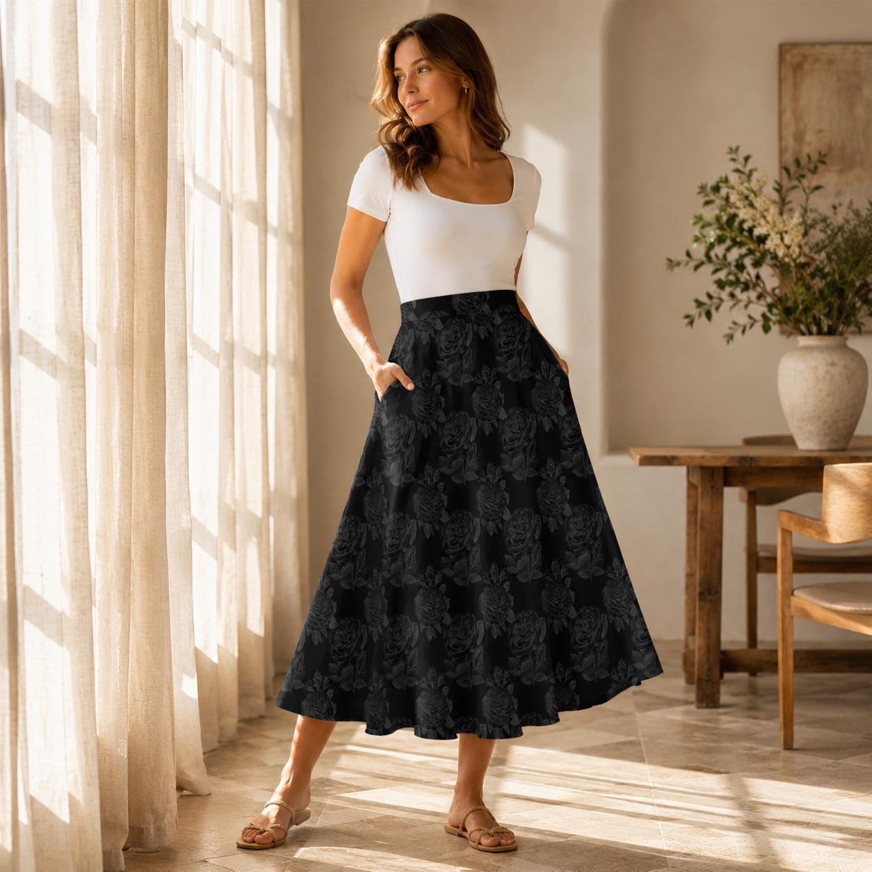 Black Rose Midi Skirt, Tonal Floral High Waist A Line, Dark Romantic Evening Styling