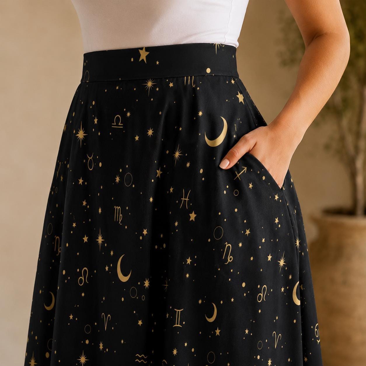 Celestial Moon Midi Skirt, Black Star Print, Witchy High Waist With Pockets