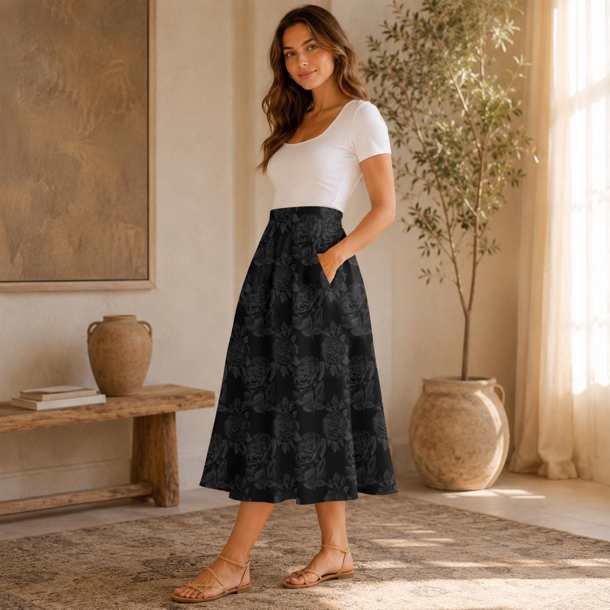 Black Rose Midi Skirt, Tonal Floral High Waist A Line, Dark Romantic Evening Styling