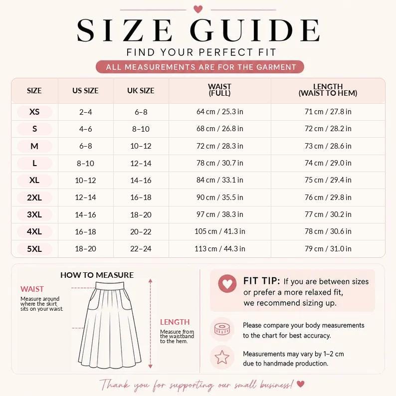 The image is a size guide for women's skirts, providing measurements and fit tips for different skirt sizes.