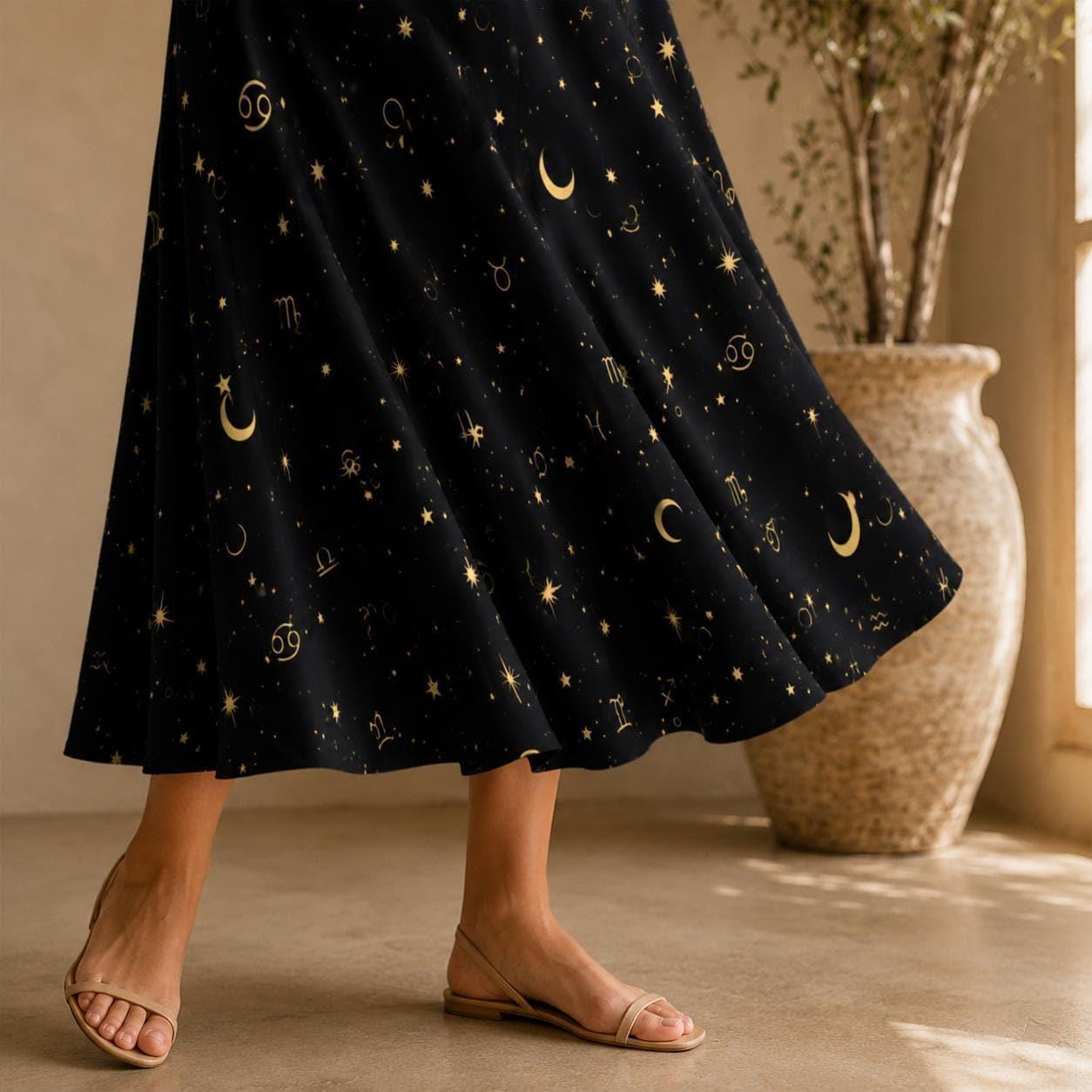 Celestial Moon Midi Skirt, Black Star Print, Witchy High Waist With Pockets