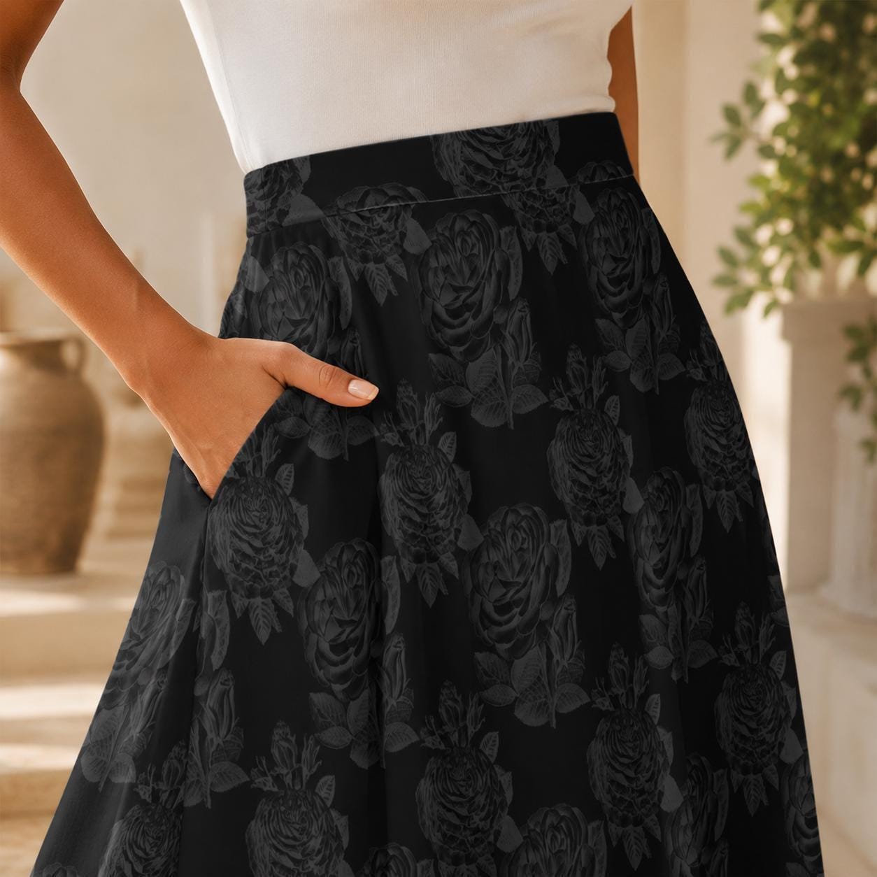 Black Rose Midi Skirt, Tonal Floral High Waist A Line, Dark Romantic Evening Styling