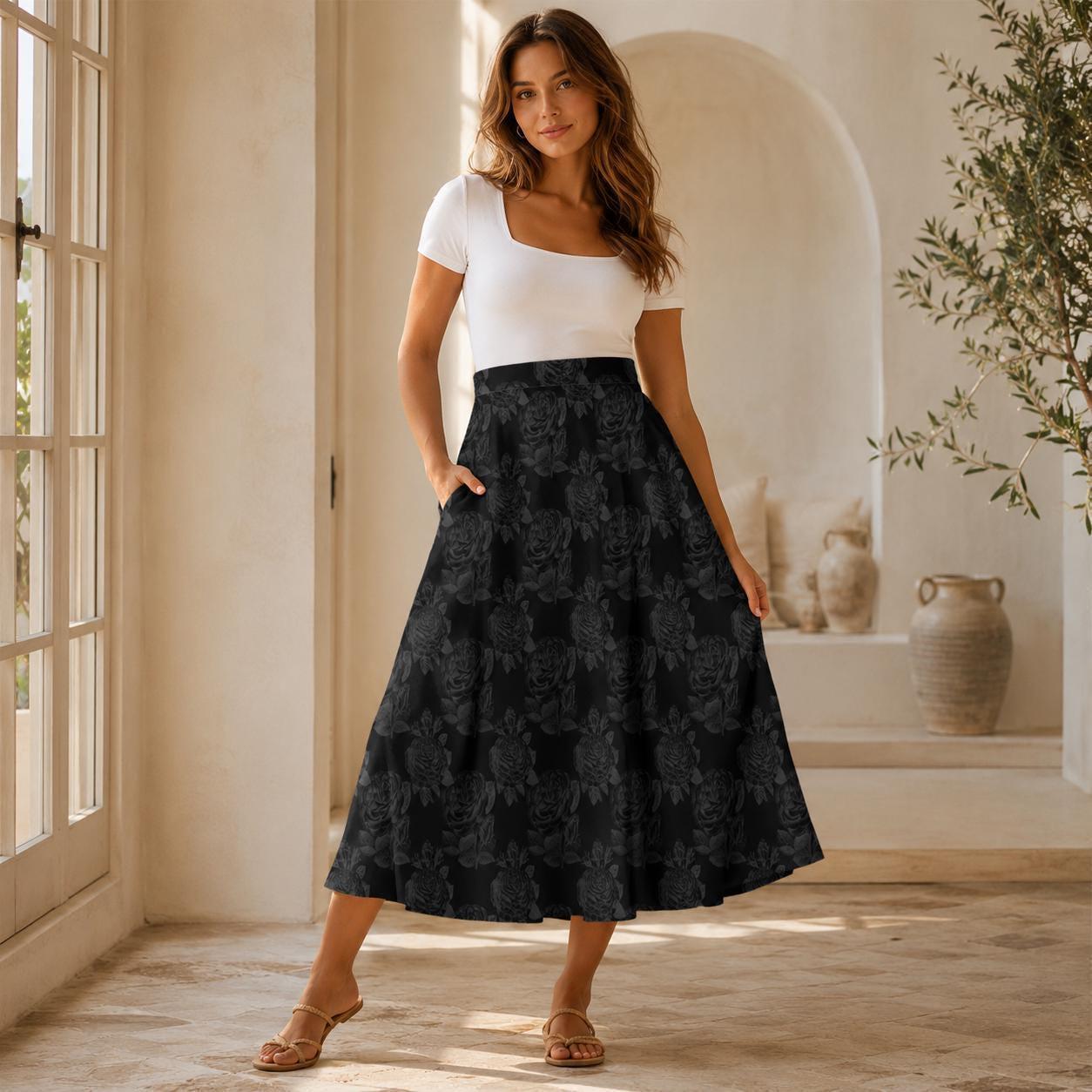 Black Rose Midi Skirt, Tonal Floral High Waist A Line, Dark Romantic Evening Styling