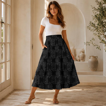 Black Rose Midi Skirt, Tonal Floral High Waist A Line, Dark Romantic Evening Styling