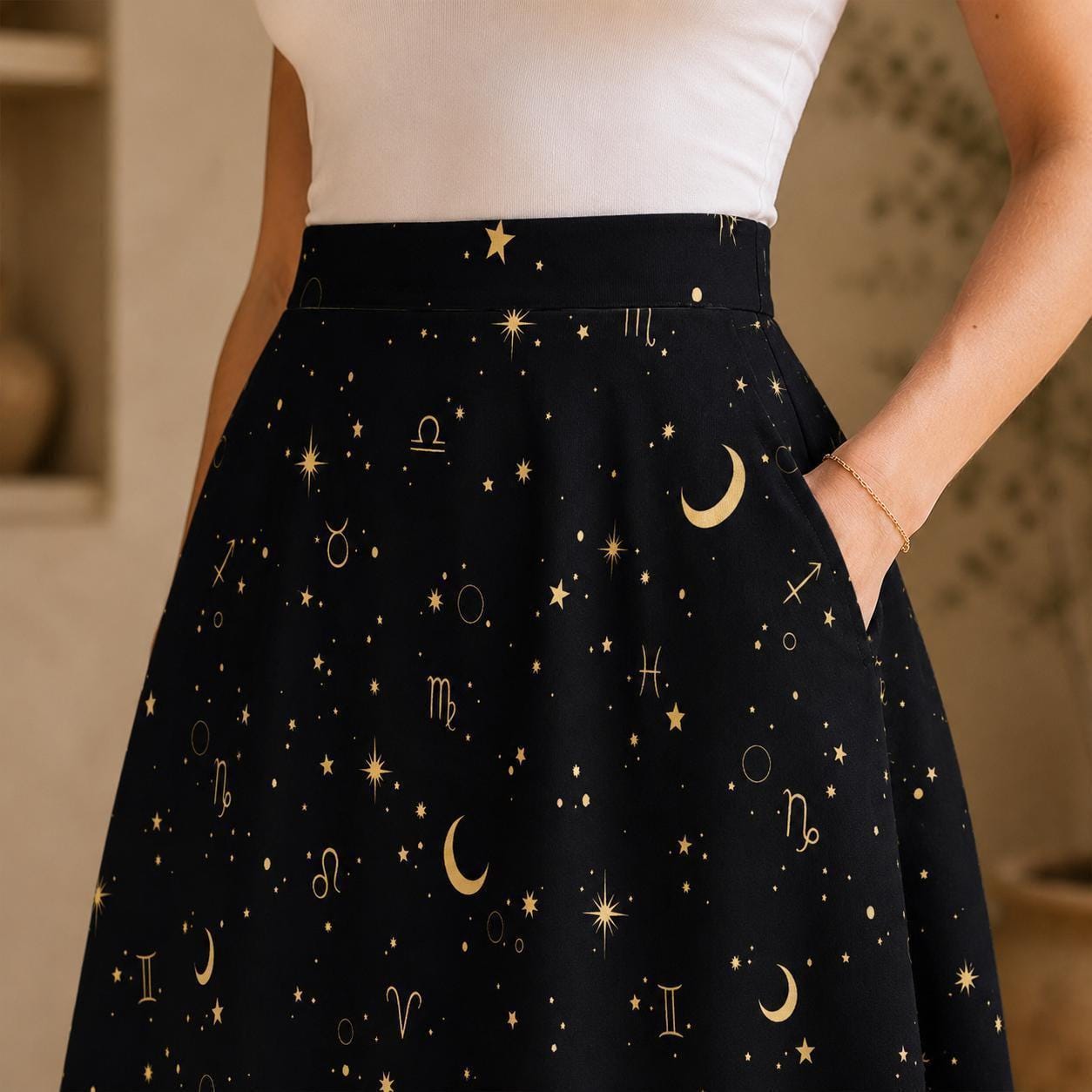 Celestial Moon Midi Skirt, Black Star Print, Witchy High Waist With Pockets