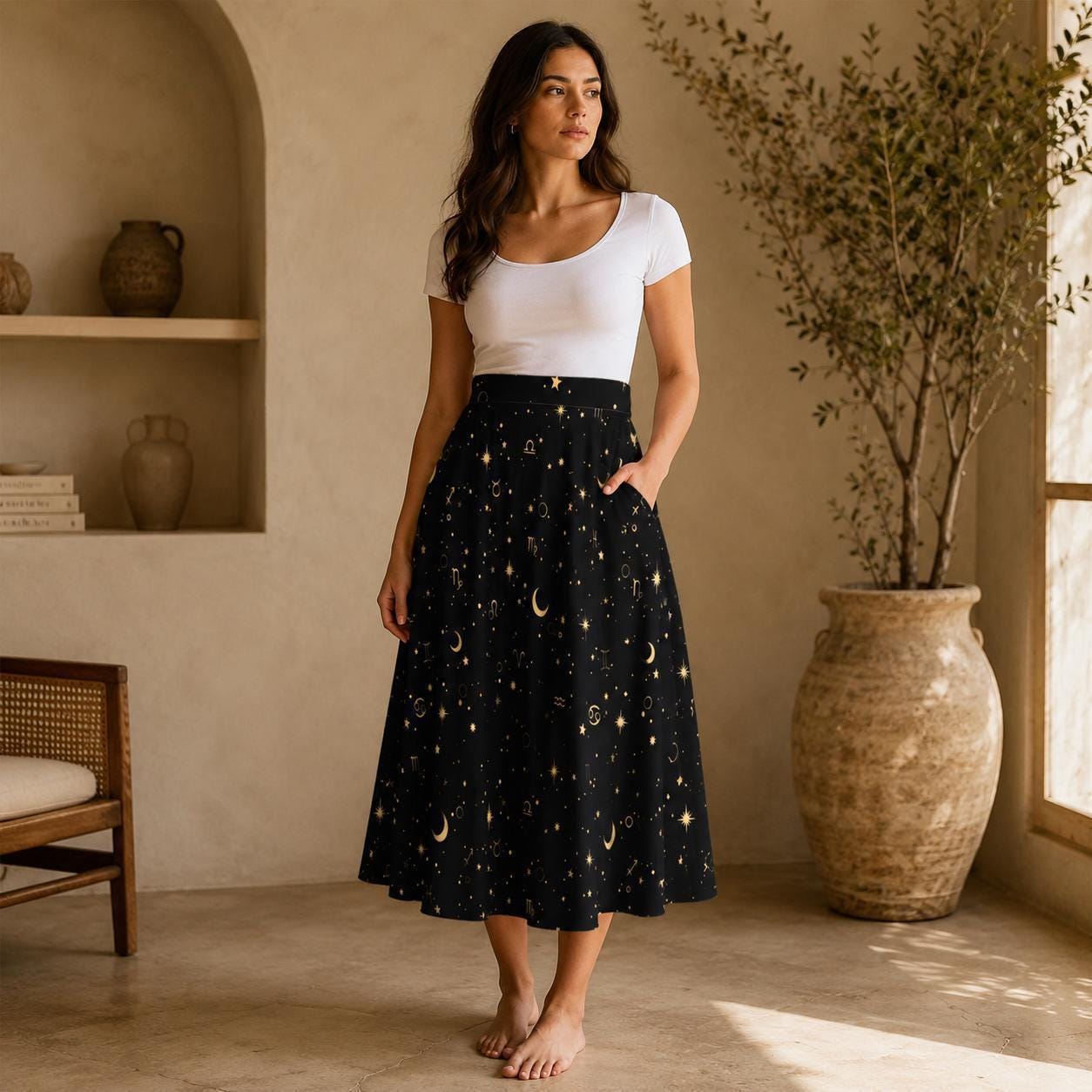 Celestial Moon Midi Skirt, Black Star Print, Witchy High Waist With Pockets