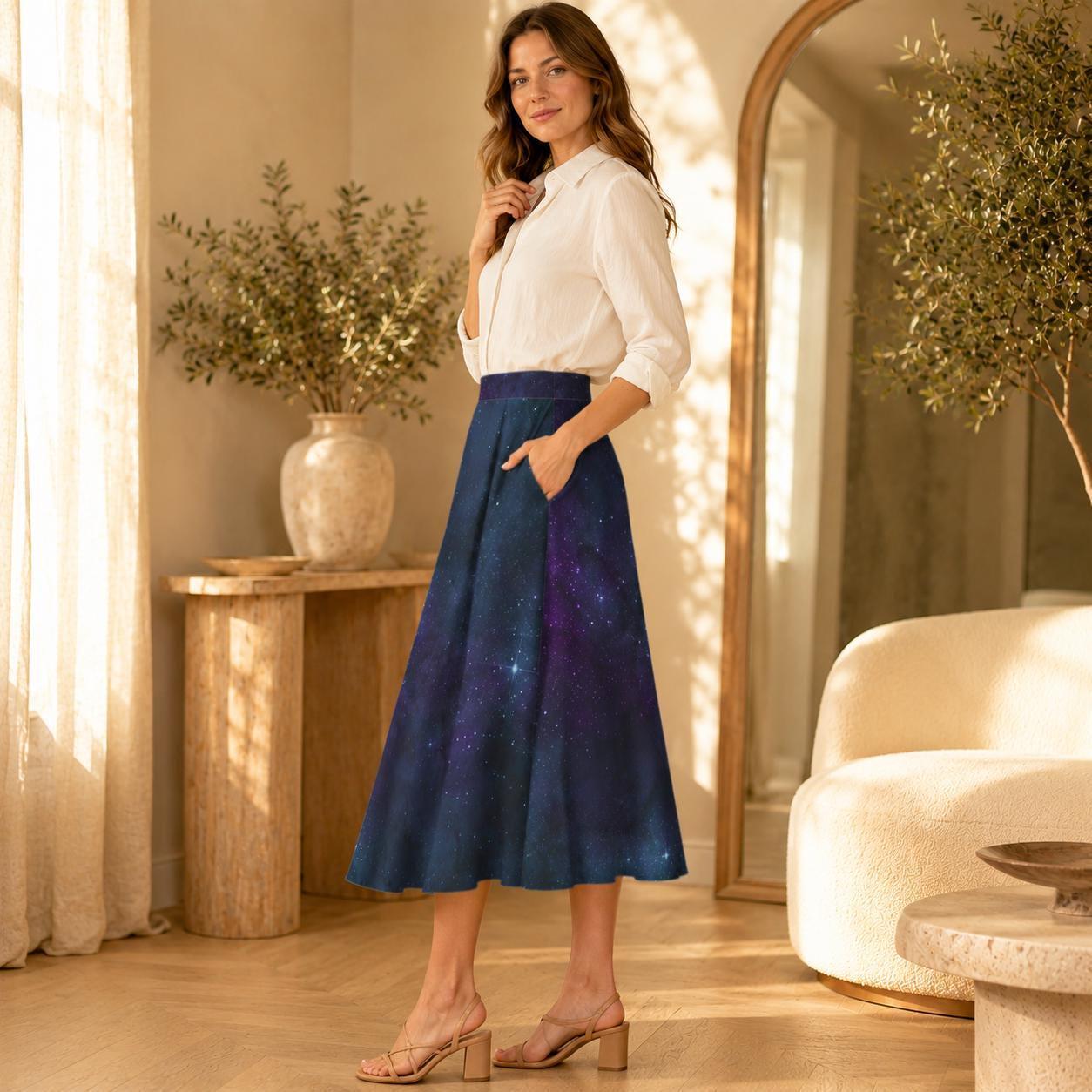 Galaxy Midi Skirt, Celestial Space Print, High Waist Flowy A Line, Pockets, Cosmic Boho