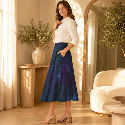 Galaxy Midi Skirt, Celestial Space Print, High Waist Flowy A Line, Pockets, Cosmic Boho