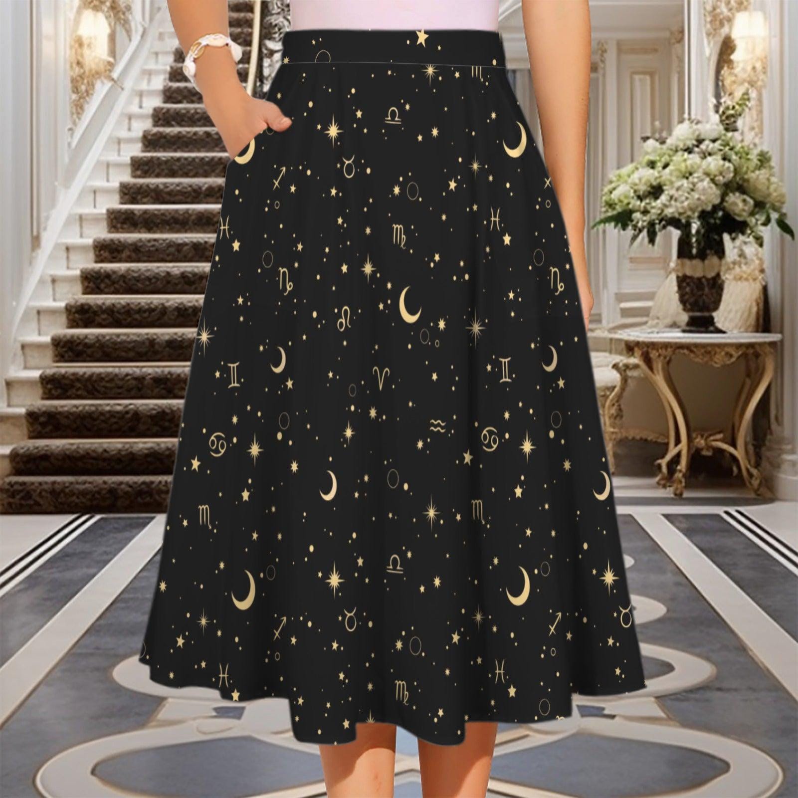 Celestial Moon Midi Skirt, Black Star Print, Witchy High Waist With Pockets