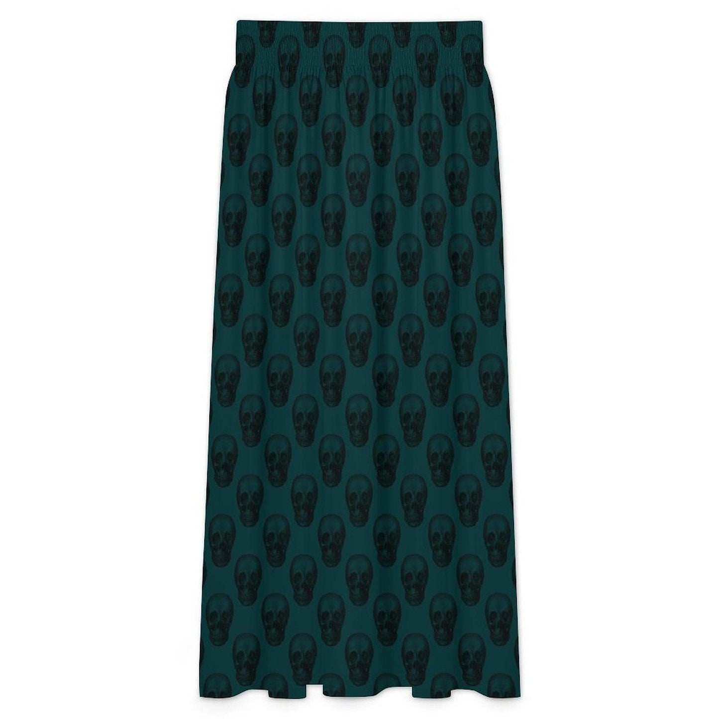 Teal Skull Print Maxi Skirt, High Waist Flowy A Line Boho Style