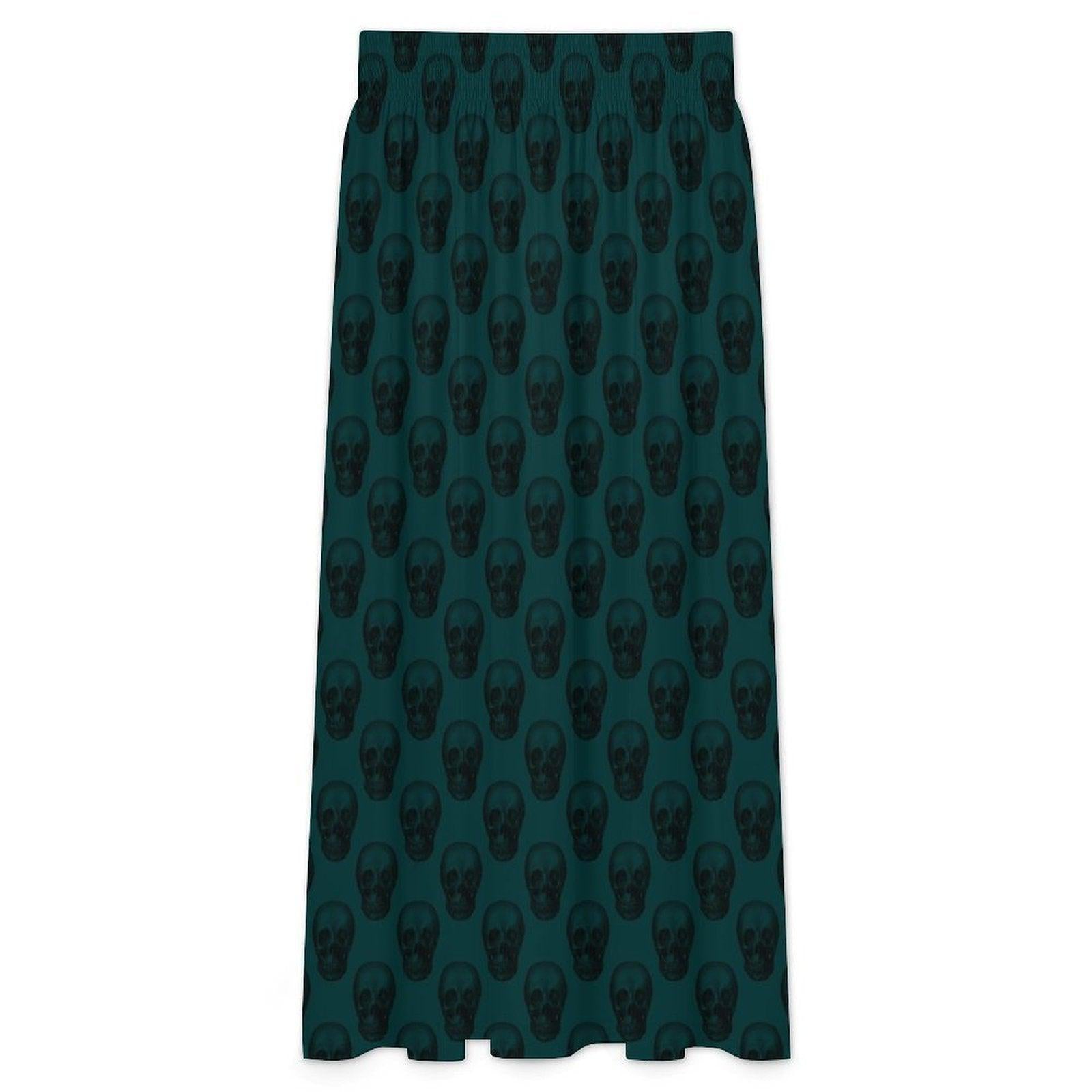 Teal Skull Print Maxi Skirt, High Waist Flowy A Line Boho Style