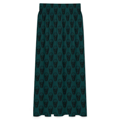 Teal Skull Print Maxi Skirt, High Waist Flowy A Line Boho Style