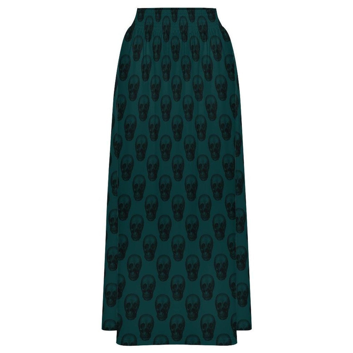Teal Skull Print Maxi Skirt, High Waist Flowy A Line Boho Style