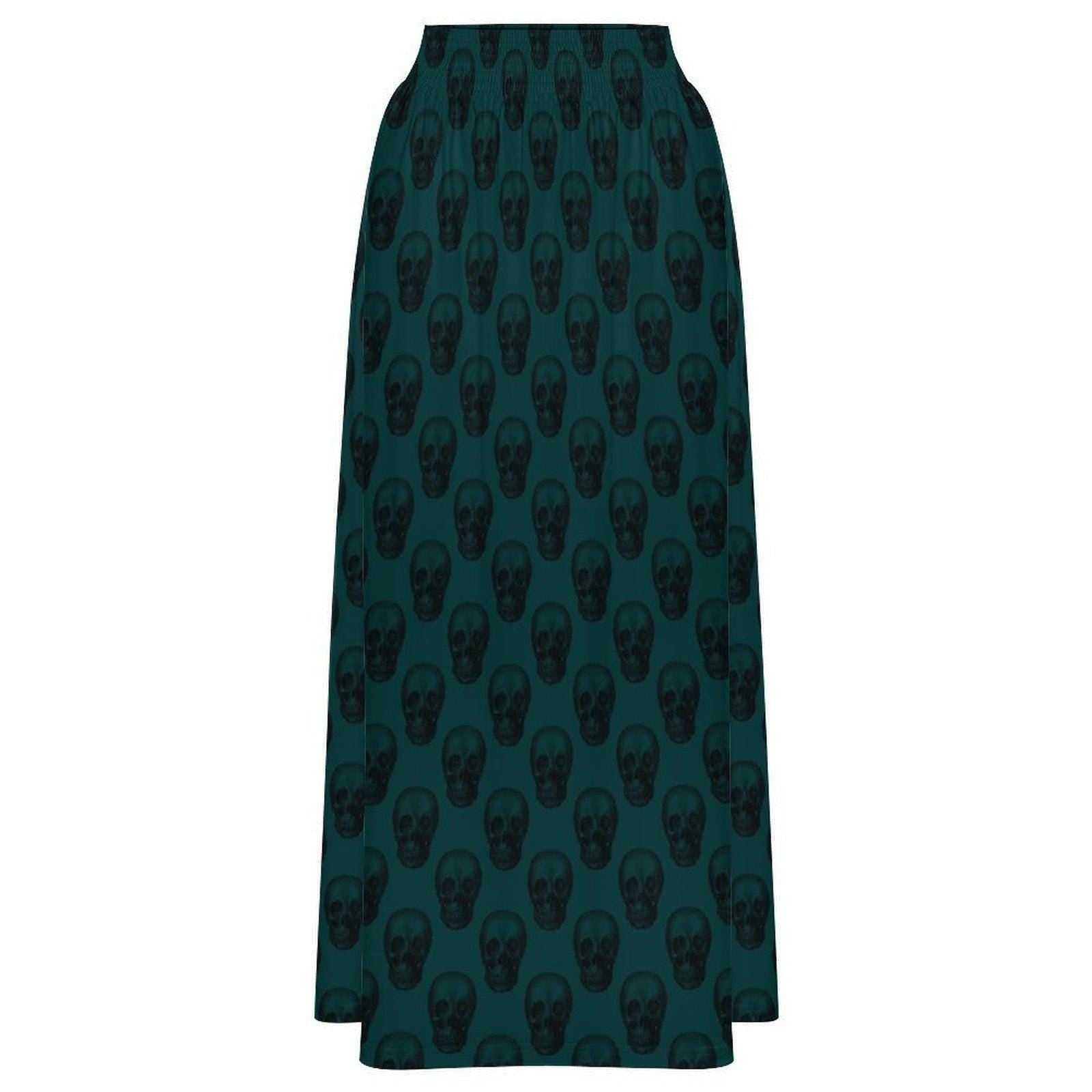 Teal Skull Print Maxi Skirt, High Waist Flowy A Line Boho Style