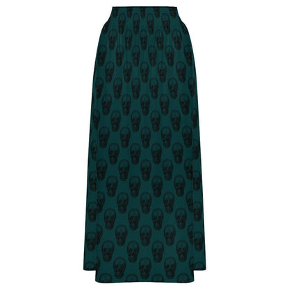 Teal Skull Print Maxi Skirt, High Waist Flowy A Line Boho Style