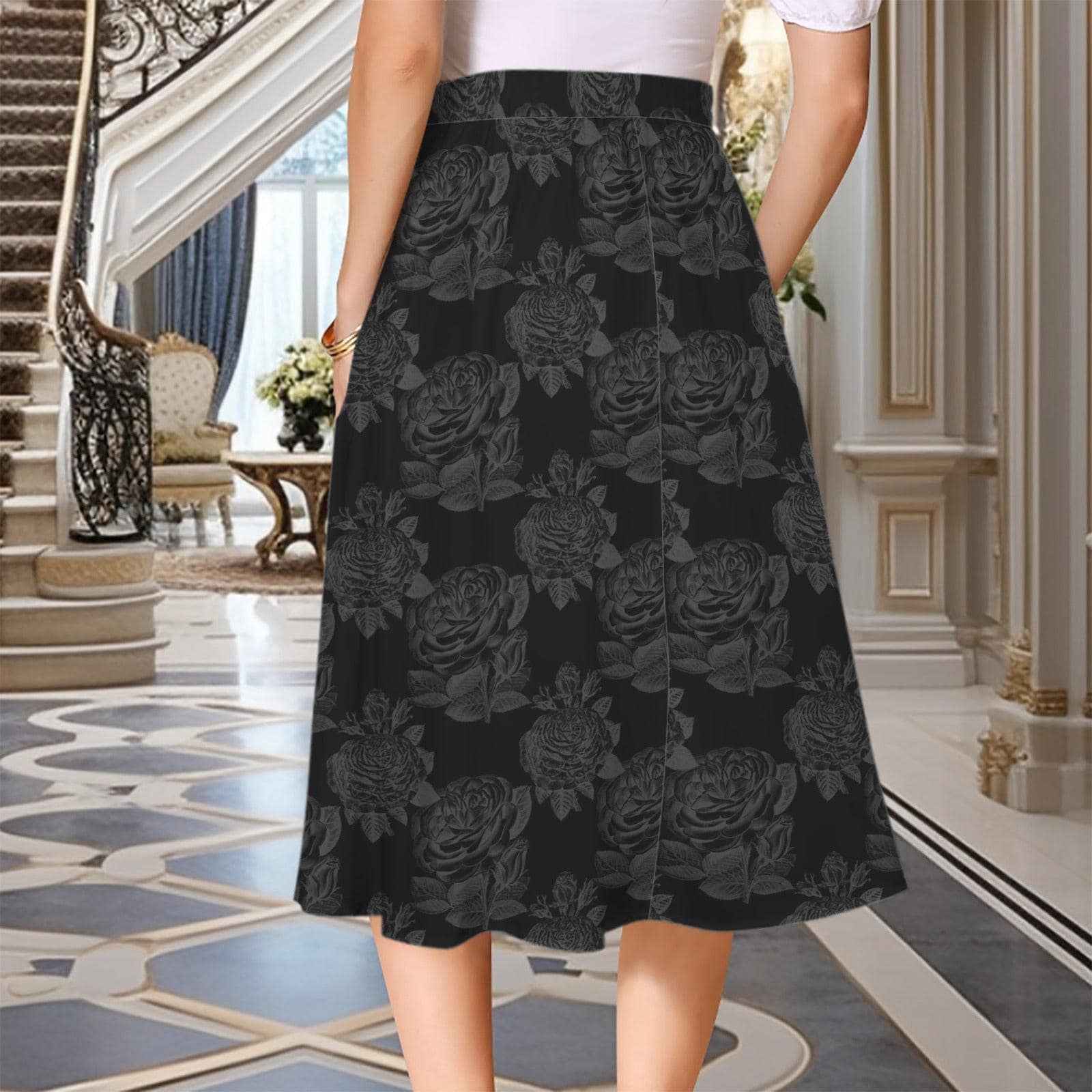 Black Rose Midi Skirt, Tonal Floral High Waist A Line, Dark Romantic Evening Styling