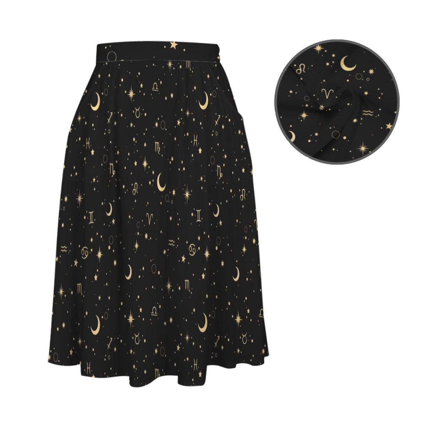 Celestial Moon Midi Skirt, Black Star Print, Witchy High Waist With Pockets