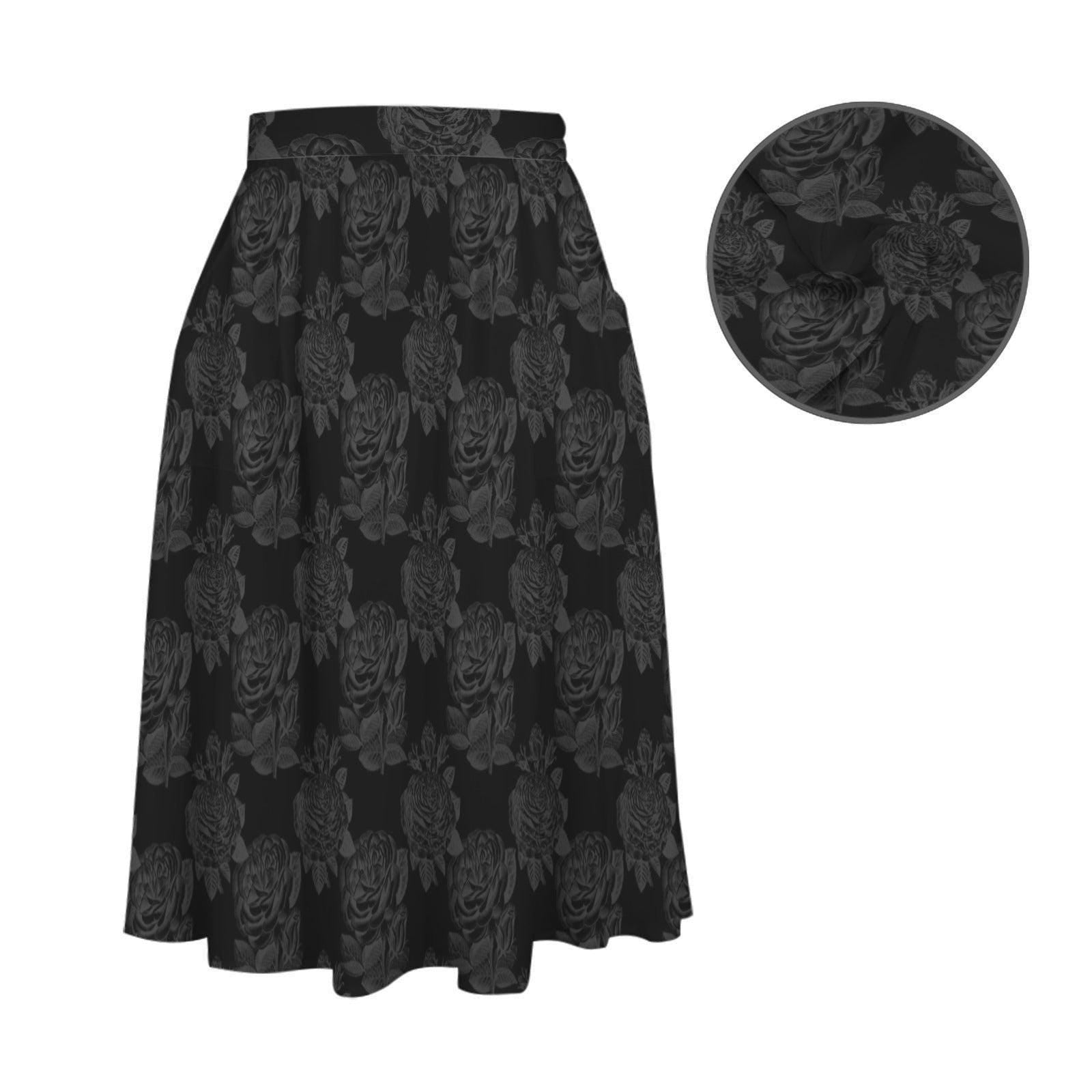 Black Rose Midi Skirt, Tonal Floral High Waist A Line, Dark Romantic Evening Styling