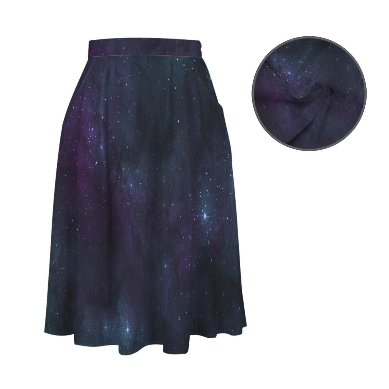 Galaxy Midi Skirt, Celestial Space Print, High Waist Flowy A Line, Pockets, Cosmic Boho