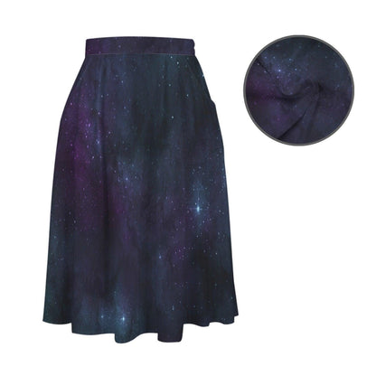 Galaxy Midi Skirt, Celestial Space Print, High Waist Flowy A Line, Pockets, Cosmic Boho