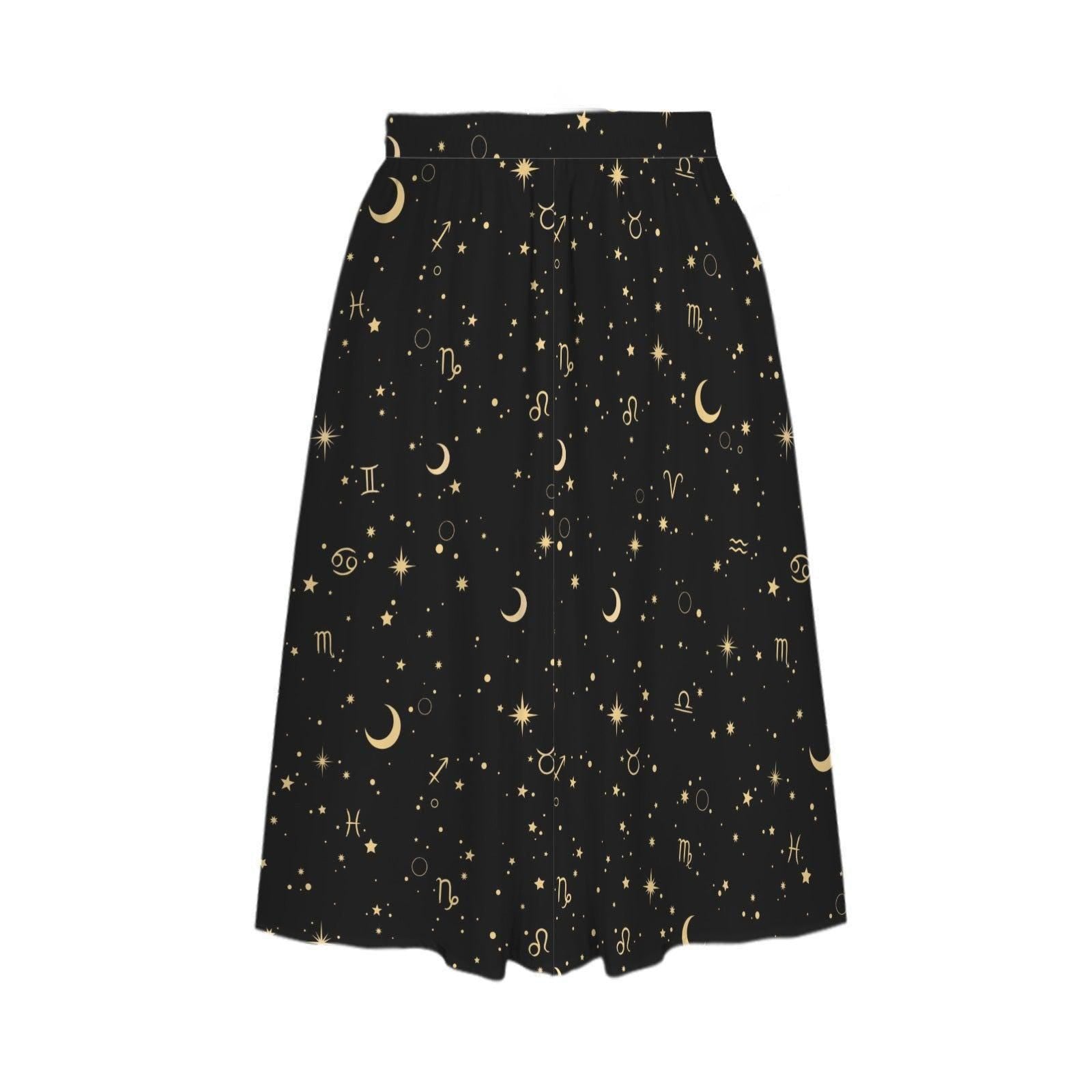 Celestial Moon Midi Skirt, Black Star Print, Witchy High Waist With Pockets