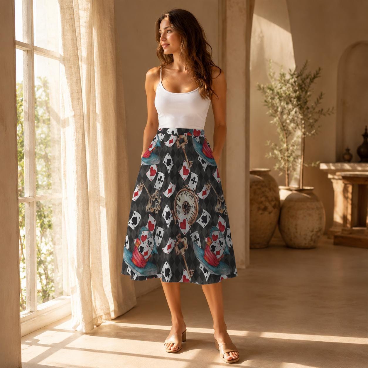 Whimsical Playing Card Midi Skirt, Fantasy Storybook Print, High Waist Statement Fashion
